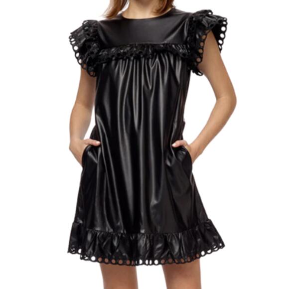 Stellah NWT $168 Small Black Faux Leather Goth Punk Alt Eyelet Babydoll Dress - Picture 5 of 14